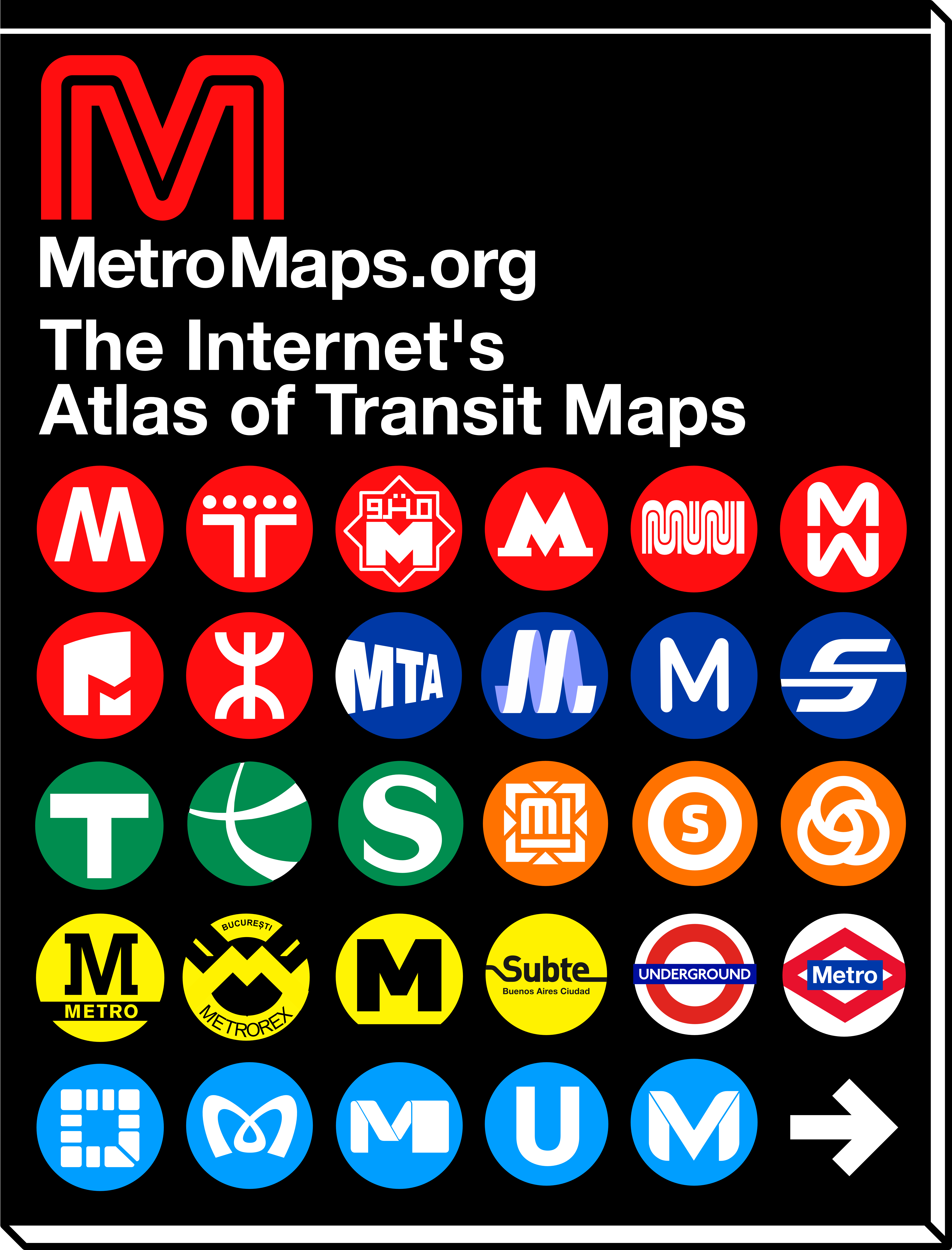 MetroMaps.org home page intro with Transit Maps logo on top of a Vengelli style subway sign board